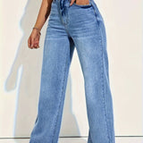Camille |  Jean denim bleu moyen coupe loose à jambes larges pour femme