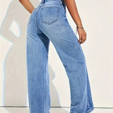 Camille |  Jean denim bleu moyen coupe loose à jambes larges pour femme