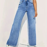 Camille |  Jean denim bleu moyen coupe loose à jambes larges pour femme