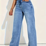 Camille |  Jean denim bleu moyen coupe loose à jambes larges pour femme