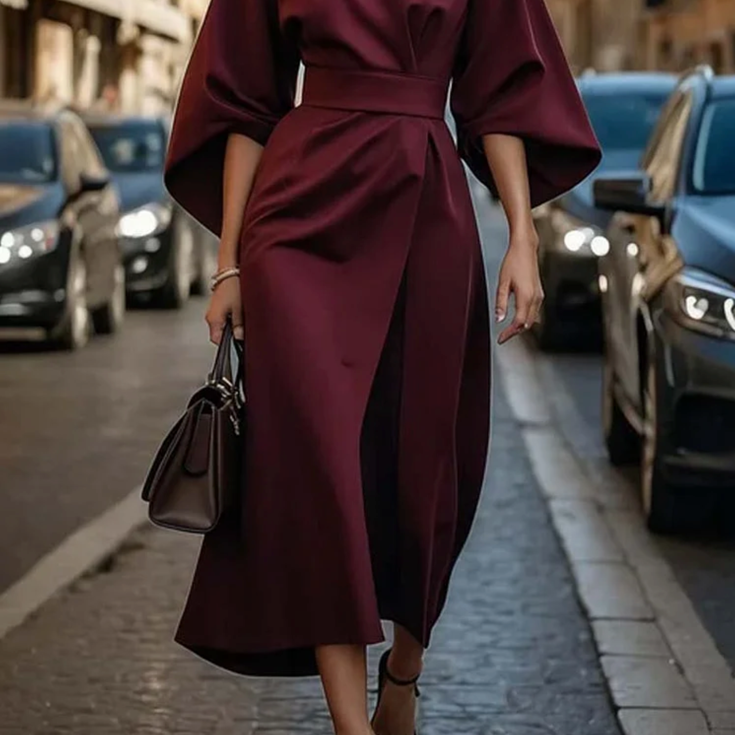Céleste | Robe midi fluide à manches amples pour femme