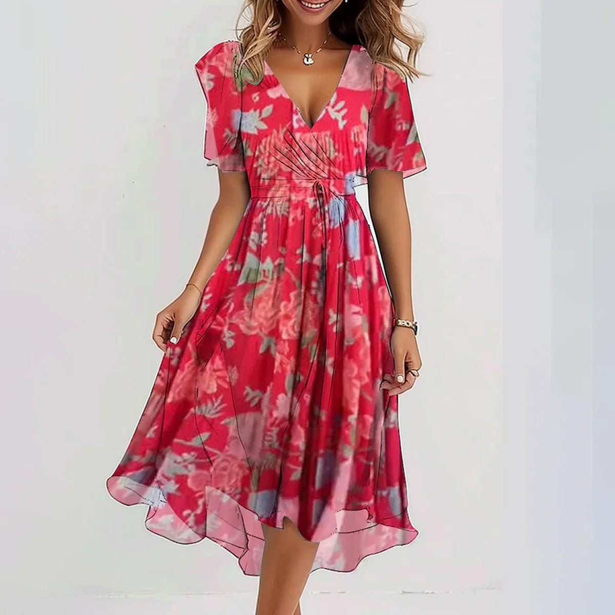 Liora | Robe midi fleurie à col V pour femme