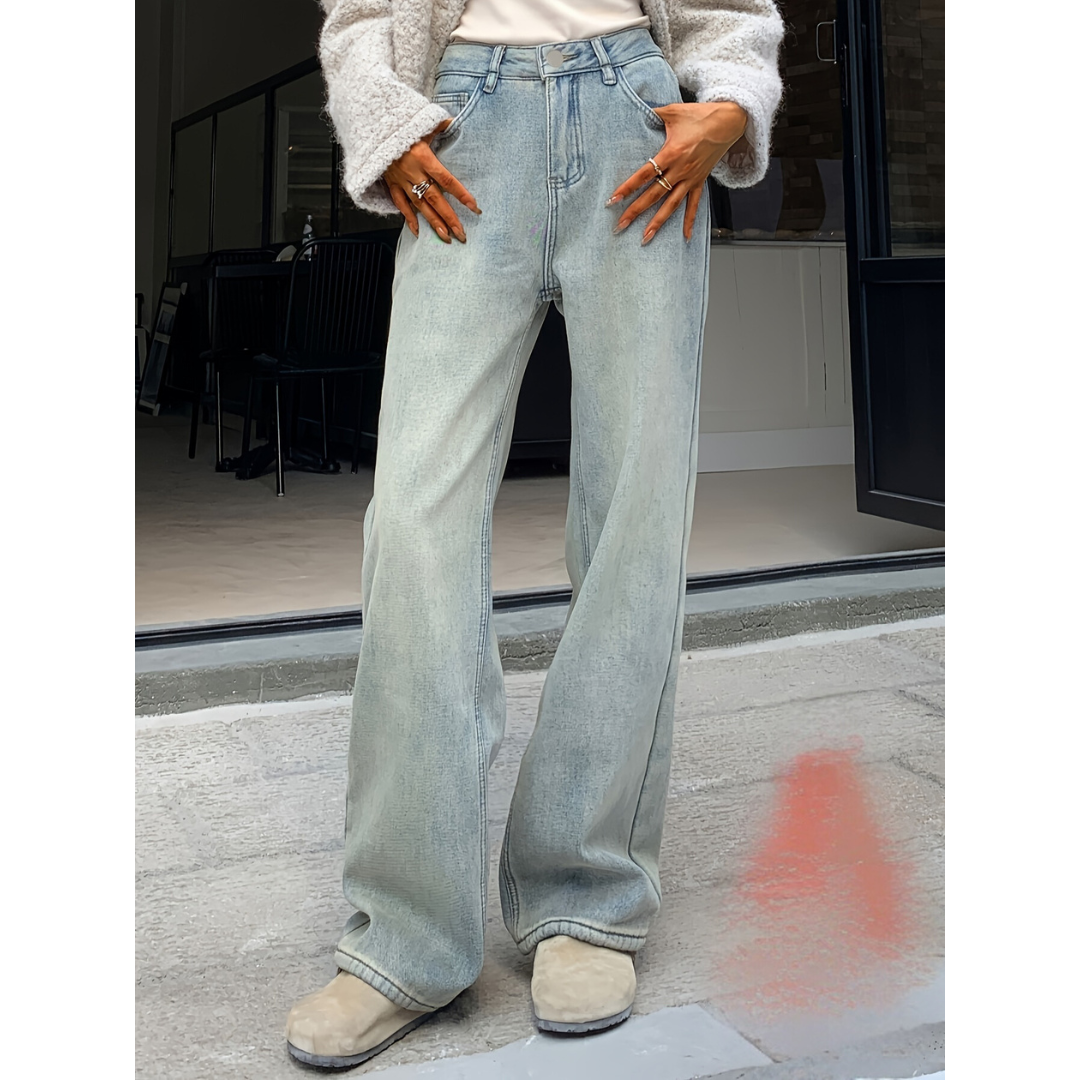Lilou | Jean denim vintage coupe loose à jambes larges avec doublure polaire pour femme
