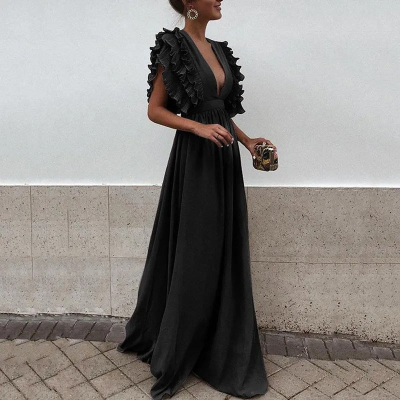 Élina | Robe longue de soirée à col V pour femme
